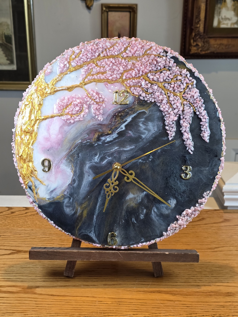 Handcrafted Cherry Blossom Resin Clock - 12" Round Pink Crystal Wall Art Decor